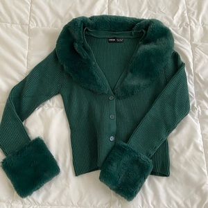 green faux fur cardigan
